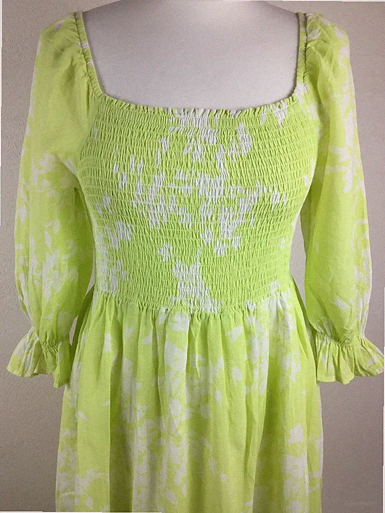 M&S;100%Baumwolle Runderhals Langarm A-Linie Blumendruck Gesmokt Midikleid Gr.40