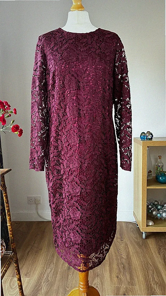 M&S Autograph Burgundy Lace Midi Dress UK 18 Lined Occasion Formal Wedding Guest