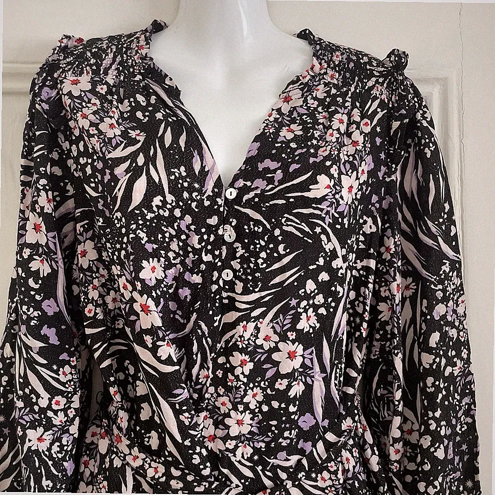 M&S Collection Kleid schwarz schimmernd lila weiß Blumen - Größe 14 - Langarm