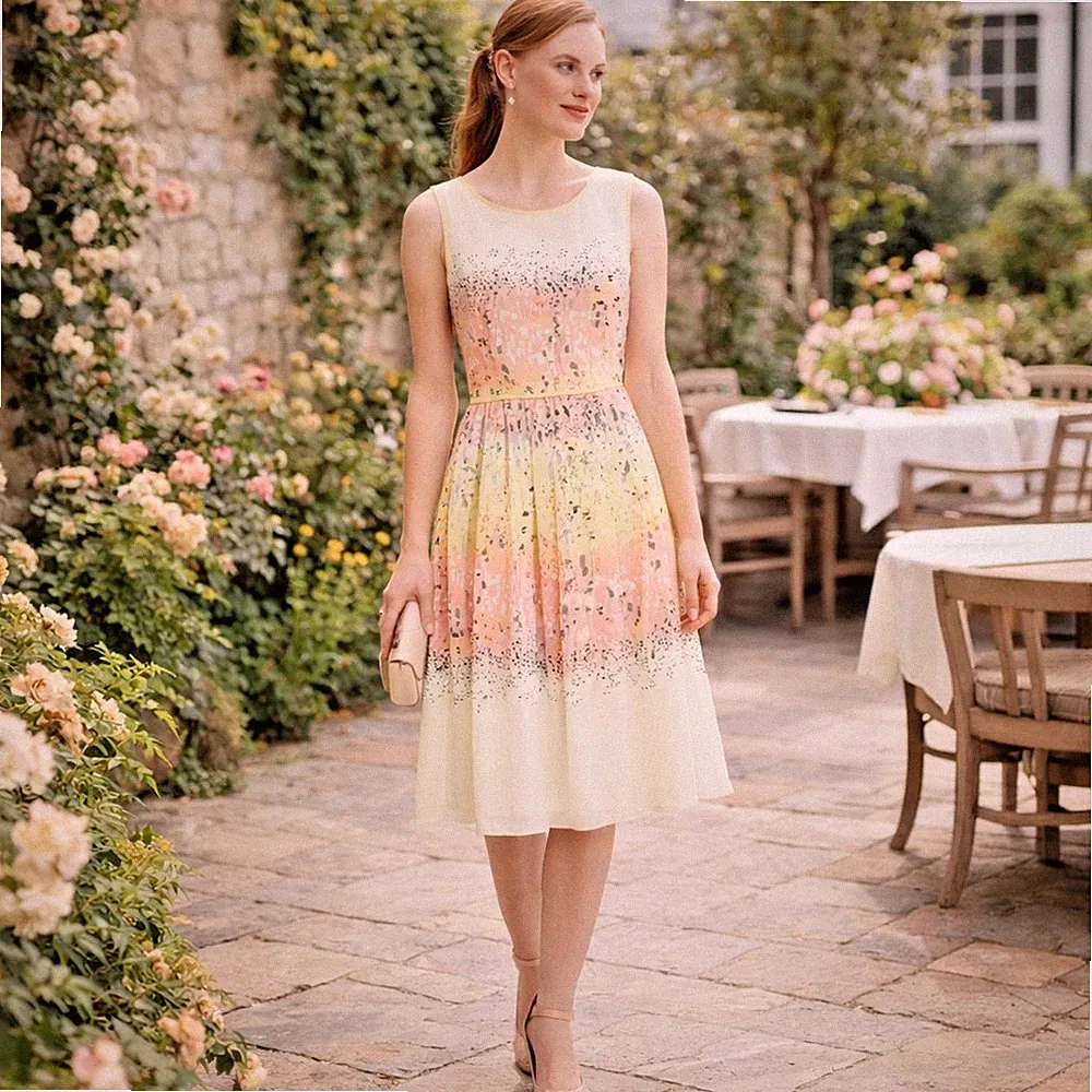 M&S Collection Midikleid UK 10 Creme Apricot Blumen Garten Party Hochzeit Gast