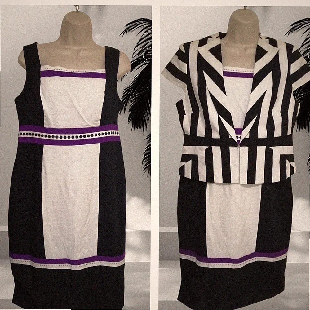 M&S Damen Leinen Kleid Sakko Anzug weiß schwarz lila Blockstreifen Hochzeit 14