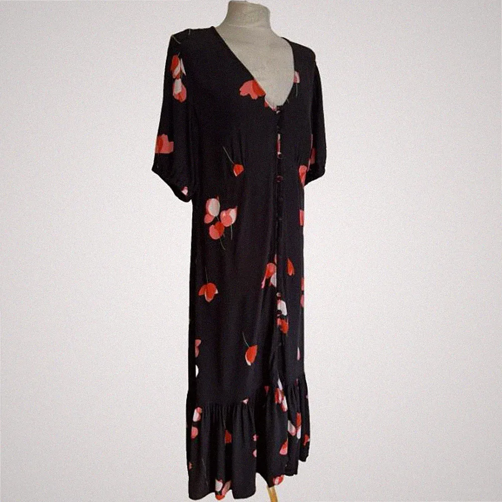 M&S Ghost Kleid Damen UK 18 Schwarz Tulpe Blumen V-Ausschnitt Halbarm Relaxed