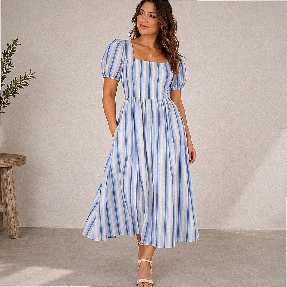 M&S Kleid UK 12 blau Baumwolle gestreift Midi Cruise Raffung feminin Puffärmel