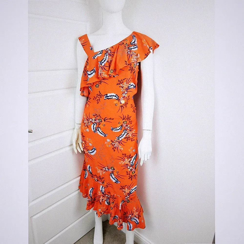 M&S Marks & Spencer Kleid orange Blumen asymmetrisch Rüschen UK 12 Hochzeitsgast
