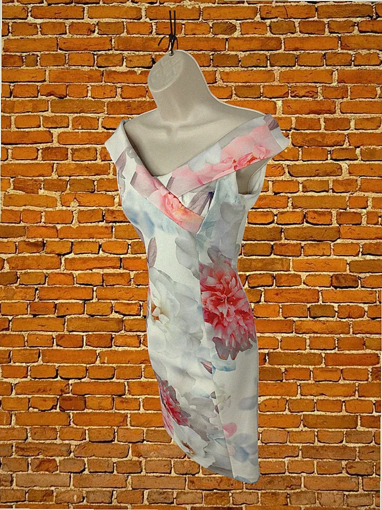 M&S WEISSES KLEID GRÖSSE UK8 DAMEN GEBLÜMT SCUBA STRETCH BARDOT HOCHZEITSGAST BLEISTIFT