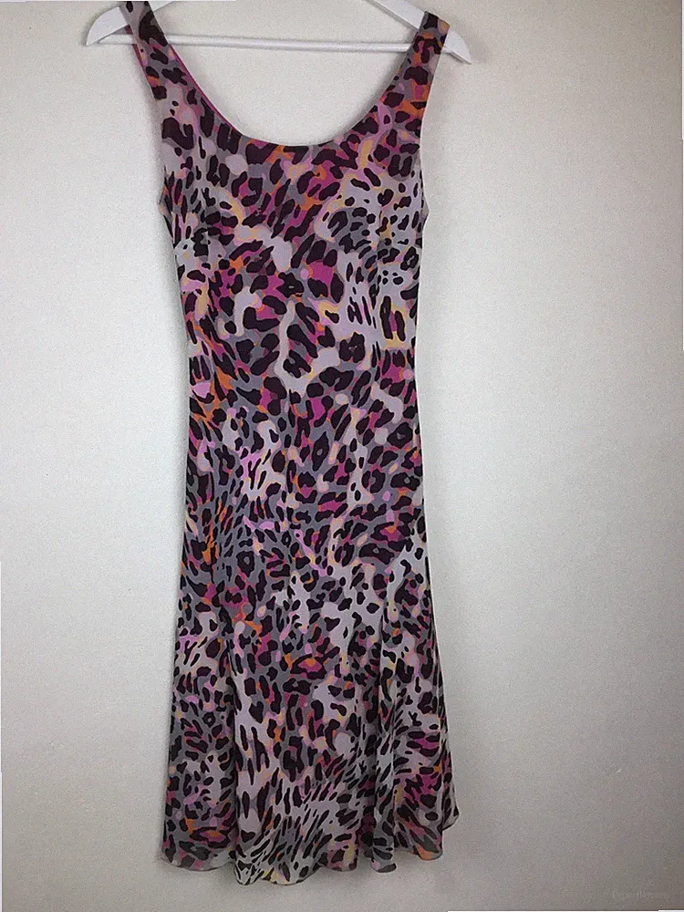 M&;V-Ausschnitt Ärmellos Träger Tierdruck A-Linie Kleid Lilla Orange Gr.38