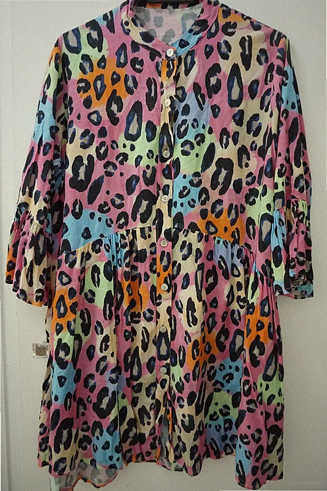 Made in Italy Boho Tunika Volant Kleid Mehrfarbig Leo Motiv Gr 38-40-42-44