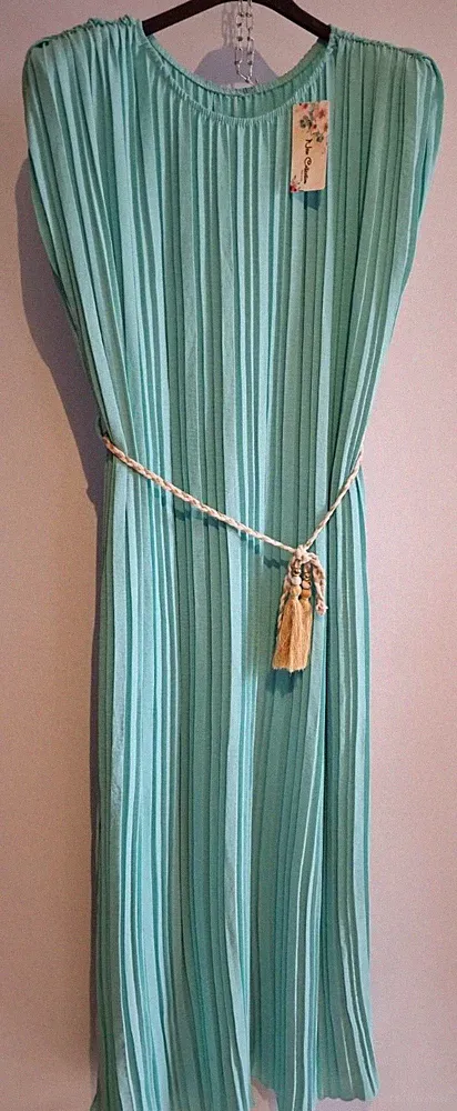 Made in Italy,Damen Kleid,Sommerkleid,Plissee-Kleid,Schlitz, Mint, Einheitsgröße