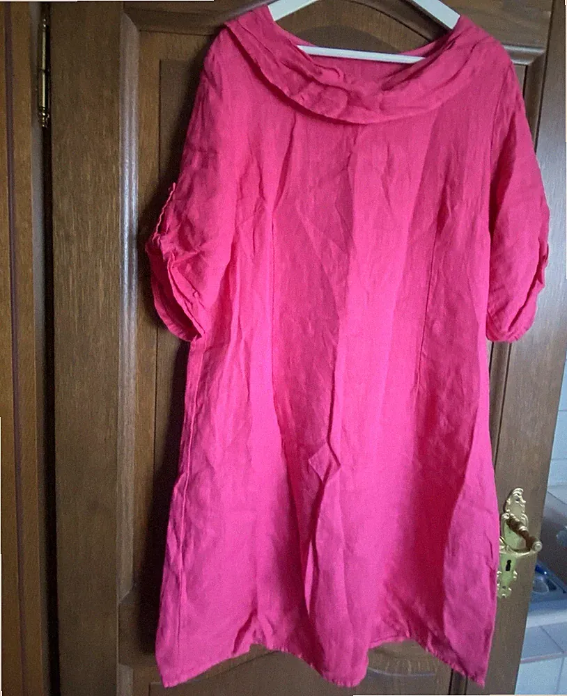 Made in Italy Etuikleid Damen XL Pink Leinen unifarben Rundhals Kurzarm kurz