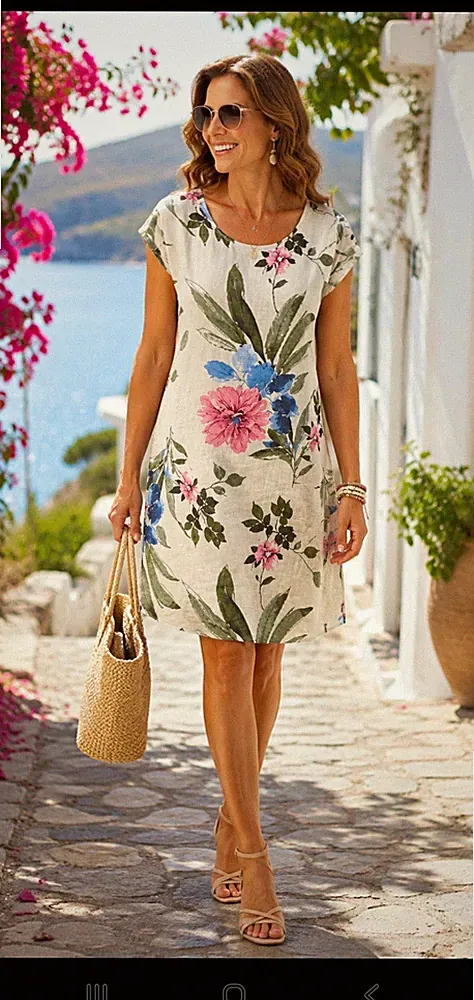 Made in Italy Leinen Damen Etuikleid knielang Kurzarm Rundhals Blumen OS