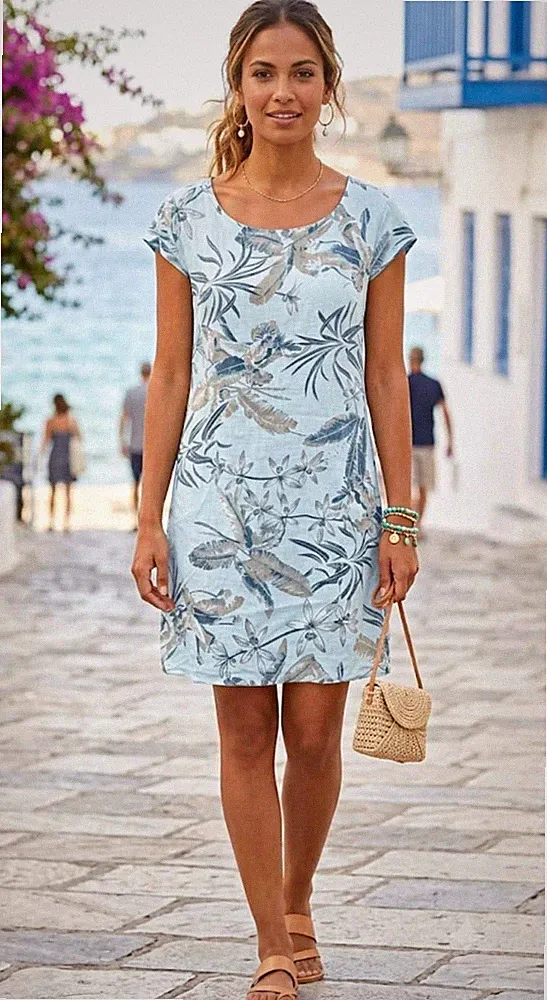 Made in Italy Leinen Etuikleid blau/weiß Blätter-Print Kurzarm Rundhals OS