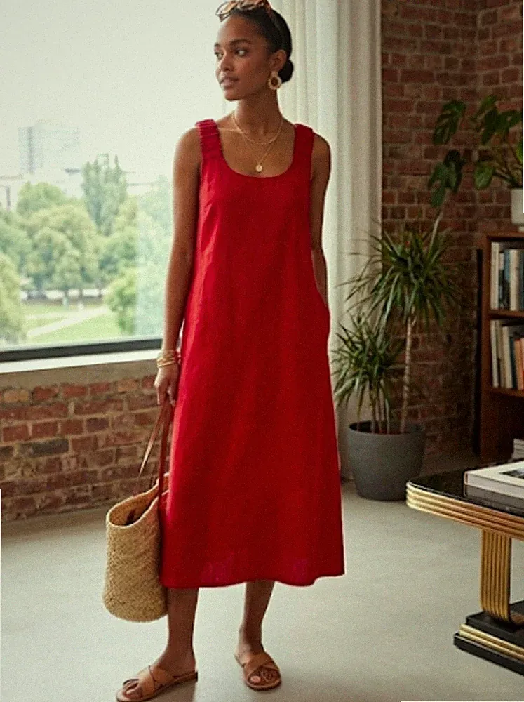 Made in Italy Leinen Midikleid A-Linie rot einfarbig ärmellos Rundhals OS