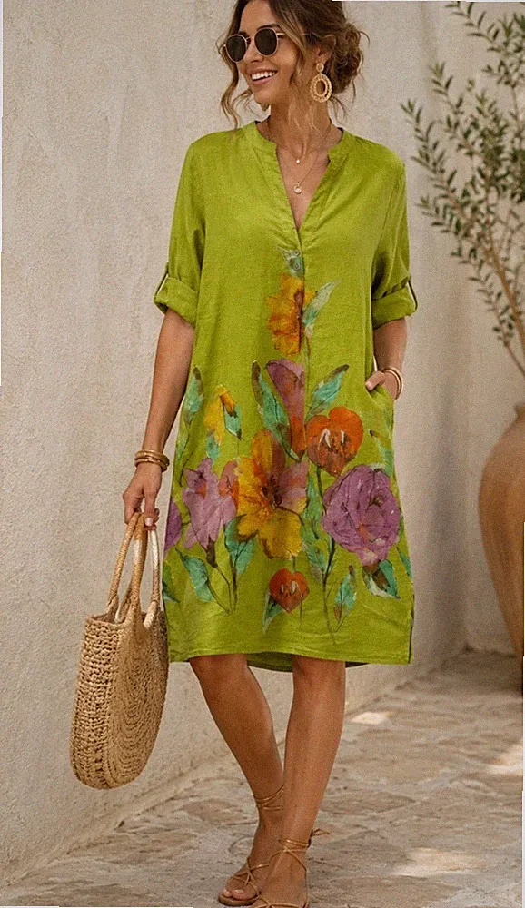 Made in Italy Leinenkleid A-Linie Blumenmuster grün Kurzarm Knopfleiste OS