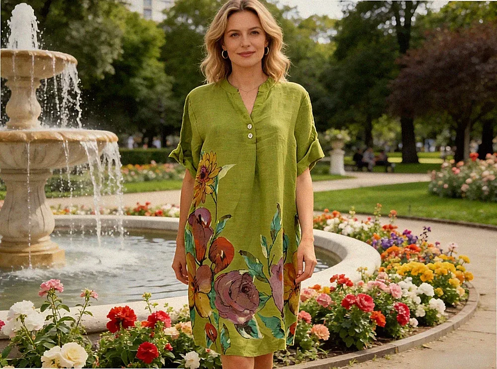 Made in Italy Leinenkleid A-Linie Blumenmuster grün Kurzarm Knopfleiste OS