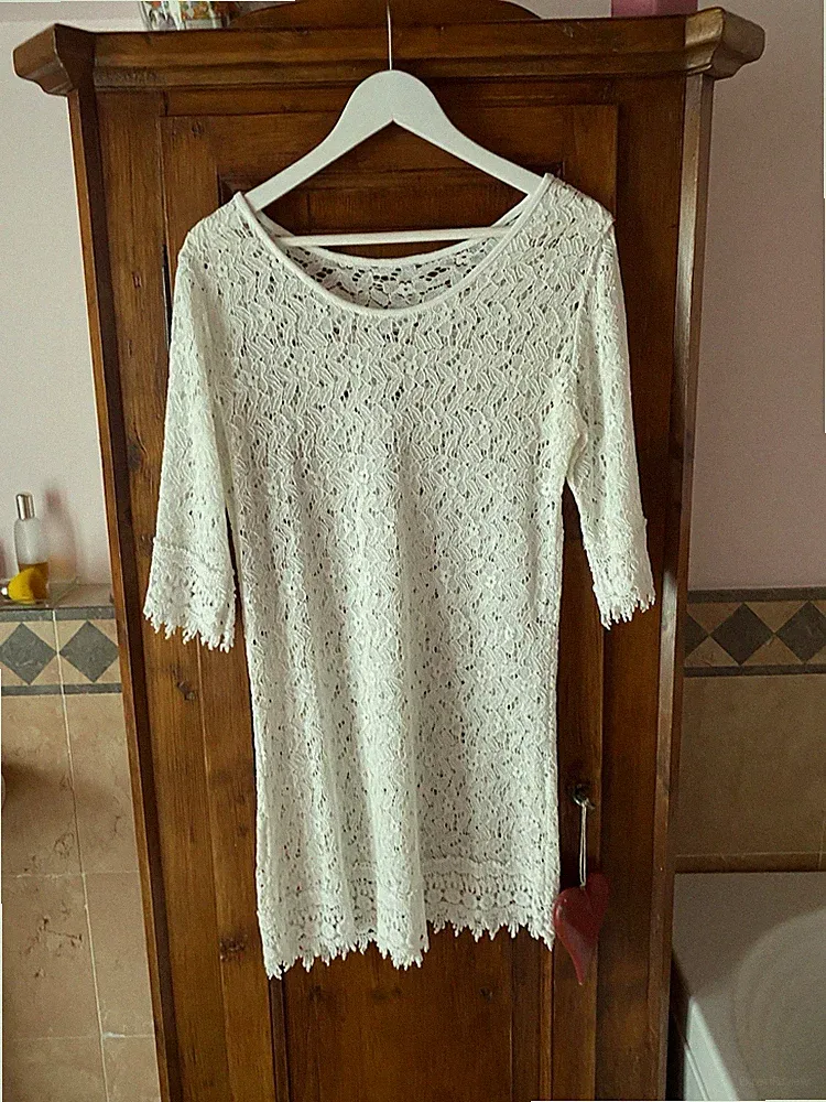 Made in Italy Minikleid Kasack Spitze Makramee Baumwolle cremeweiß.
