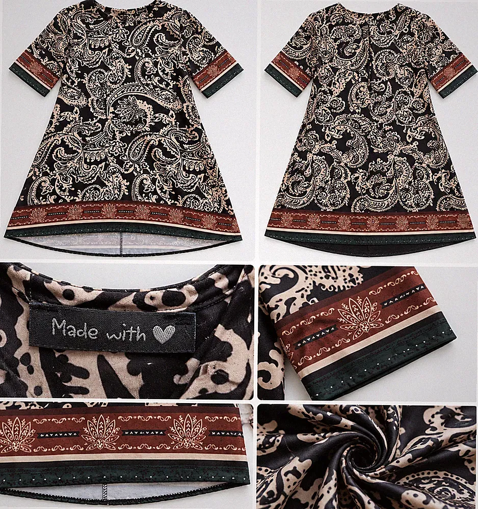 Made with Love Damen Kleid Gr. 40 Paisley Tunika A-Linie Schwarz Beige Elegant