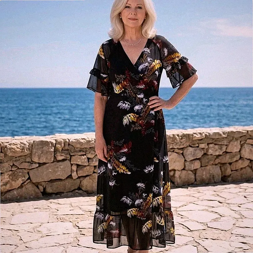 Madewell Midikleid schwarz Blumen Wickeloptik UK 14 Boho Hochzeit Gast Anlass