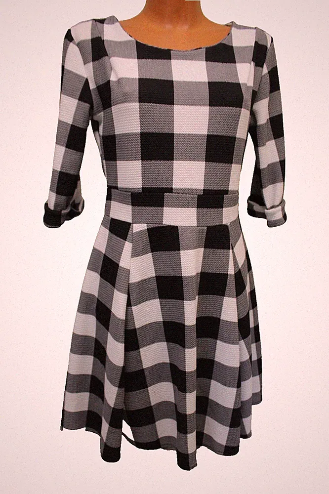 Madonna Kleid L passt M 38 Minikleid kurz schwarz weiß kariert 3/4-Arm A-Linie