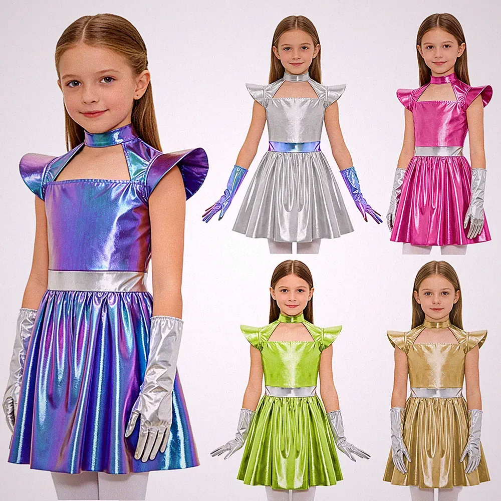 Mädchen Alien Kostüm Cosplay Metallisch Glänzendes A-Linien Kleid Karneval Party