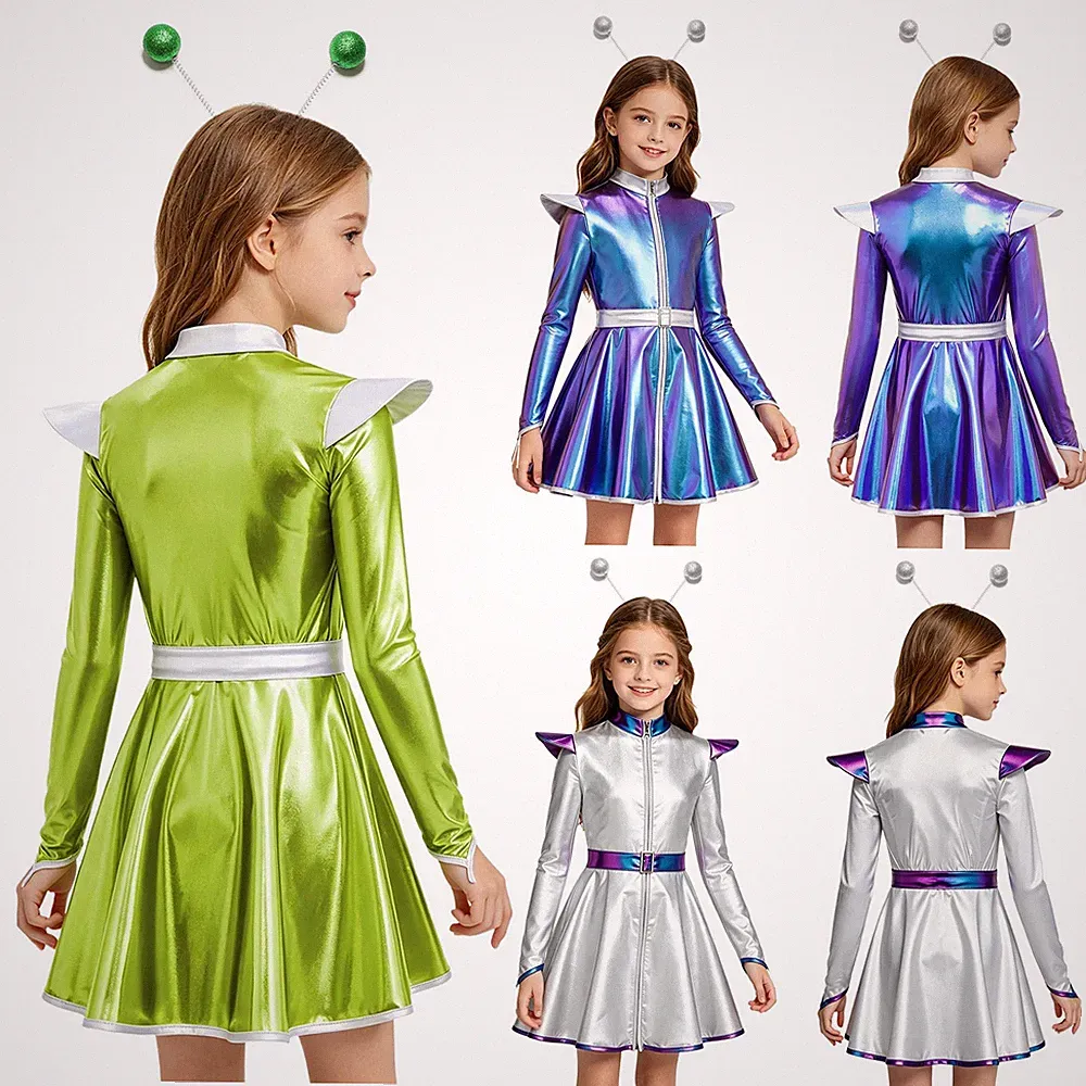 Mädchen Halloween Alien Kostüm Langarm A-Linien Kleid mit Haarreifen Partykleid