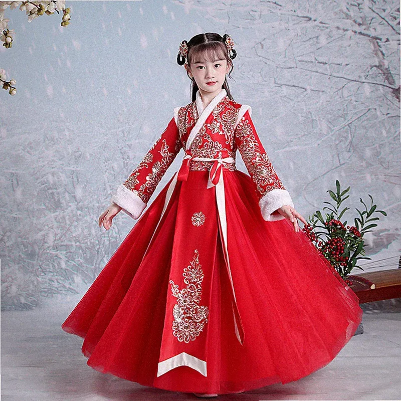 Mädchen Hanfu Kleid Kunstfell Tang Neujahrskleidung bestickt Steppkleid