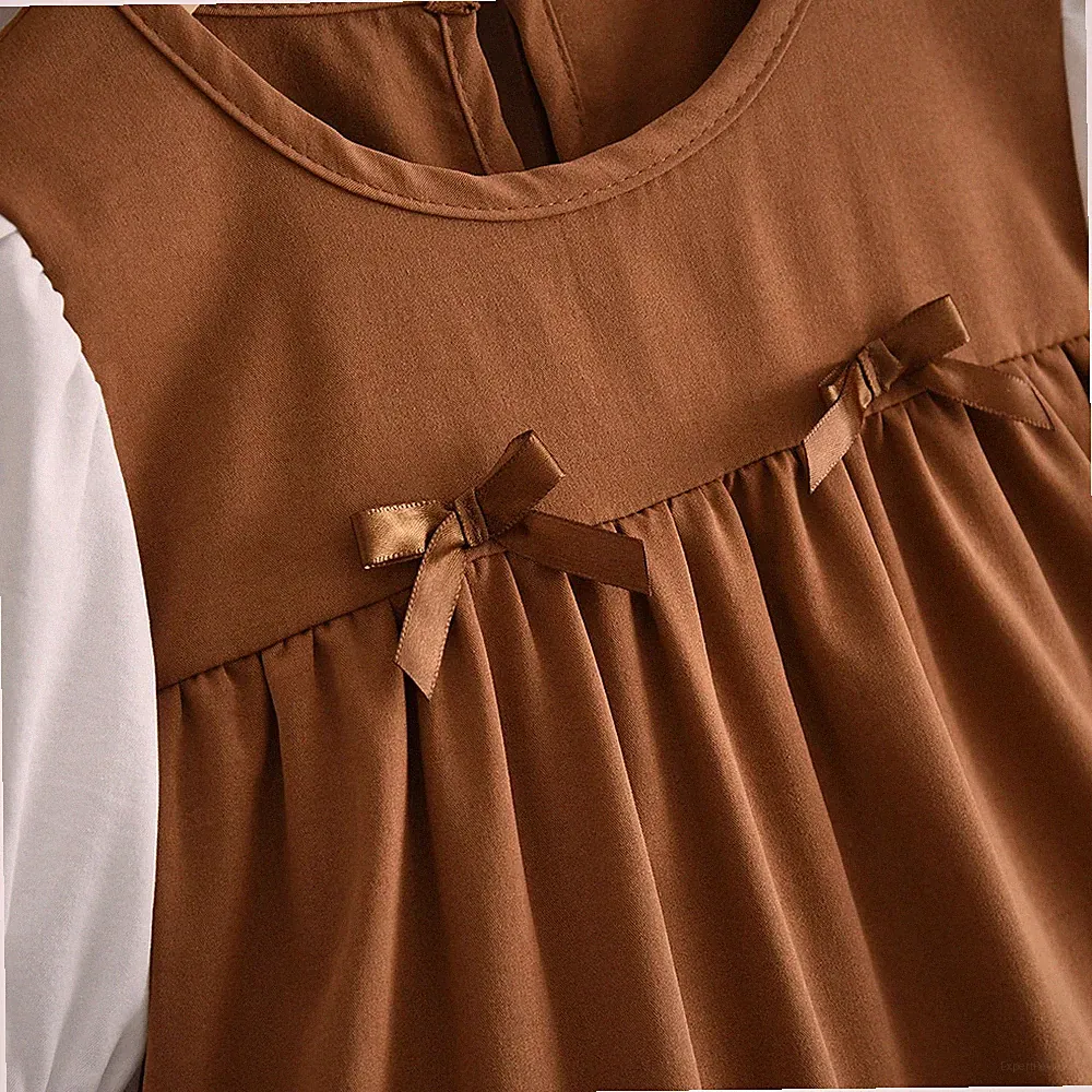 Mädchen Kleid Langarm Patchwork Bogen Herbst Knieaum A-Linie Khaki