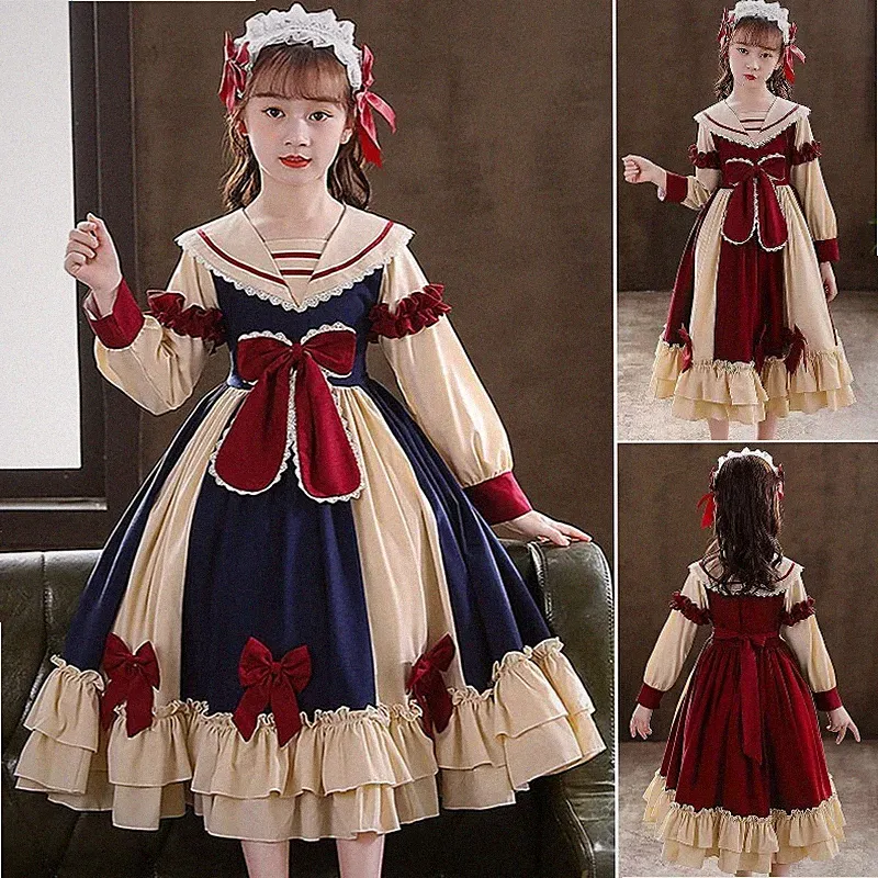 Mädchen Lolita A-Linien Kleid Langarm Schleife Rüschen-Saum Prinzessin Blau