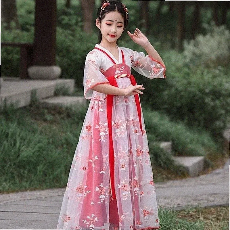 Mädchen Netz Blumen Kleid durchsichtig Feenkleidung Hanfu uralt Tang Anzug Kostüm