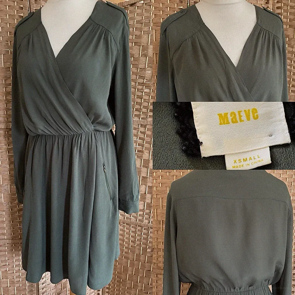 MAEVE ANTHROPOLOGIE khaki grün MOCK WRAP-Kleid S UK 10 L37" REISSVERSCHLUSS TASCHEN Utility