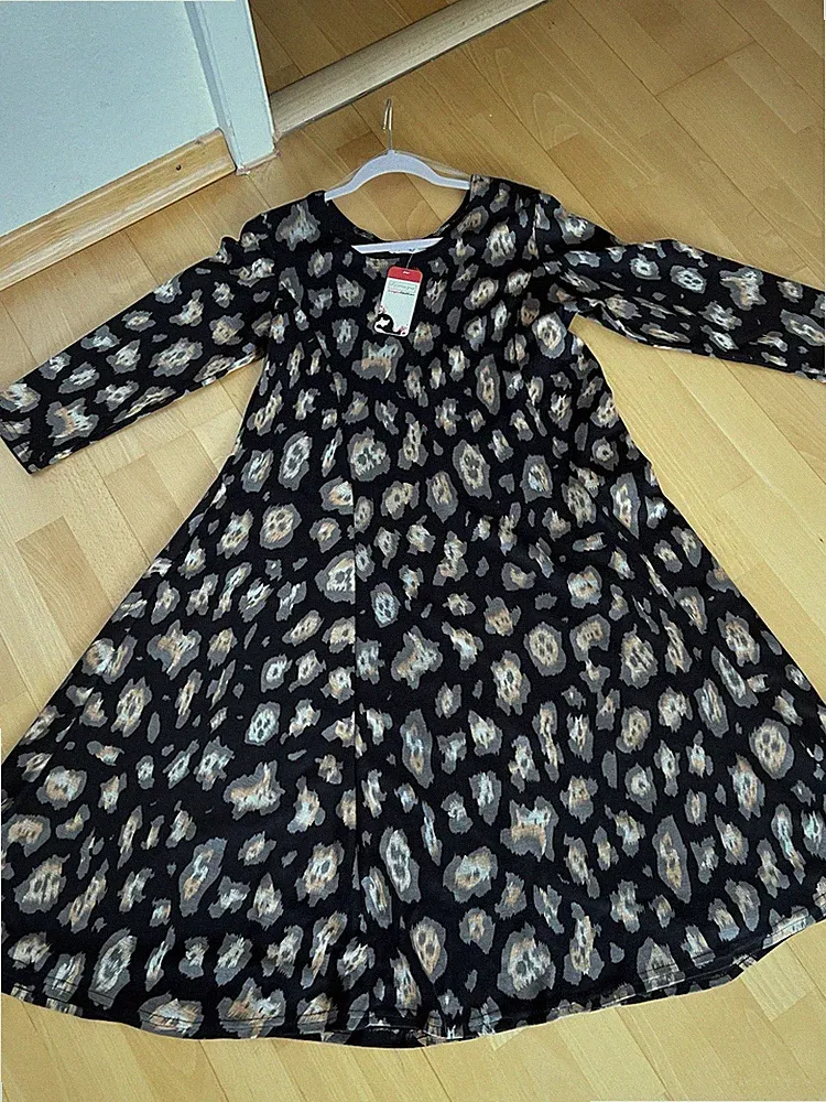 magna Damenkleid A-Linie 44/46 mit 3/4 Ärmel Schwarz Grau Tan. Länge 107cm.