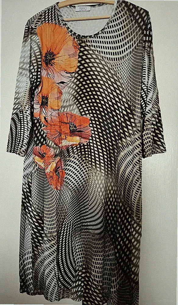 Magna Sommer Kleid 44/46, Bunt Schwarz, Hippie Grafik, Stretch, A-Form