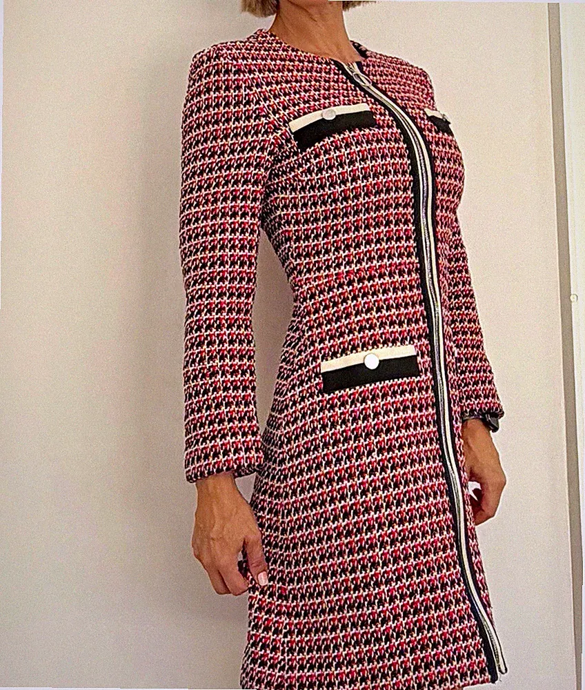 maje Damen A-Linien-Kleid Gr. 36 rot/schwarz/weiß kurz Tweed Hahnentritt RV