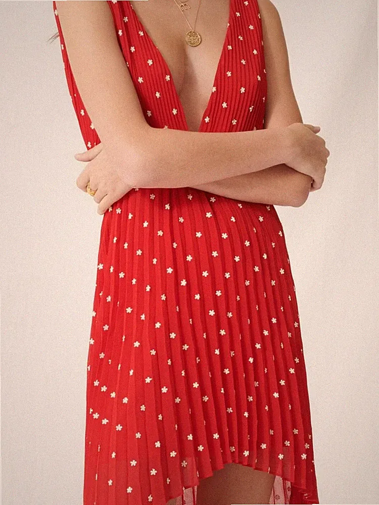 Maje Damen Kleid rot Plissee bestickt Größe 38 FR 10 UK 6 US MFPRO01140