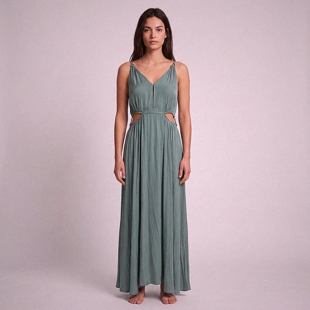 Maje Kleid Grün Gr. 40 FR Damen Cutout Maxi Lang Ärmellos Viskose MFPRO02968