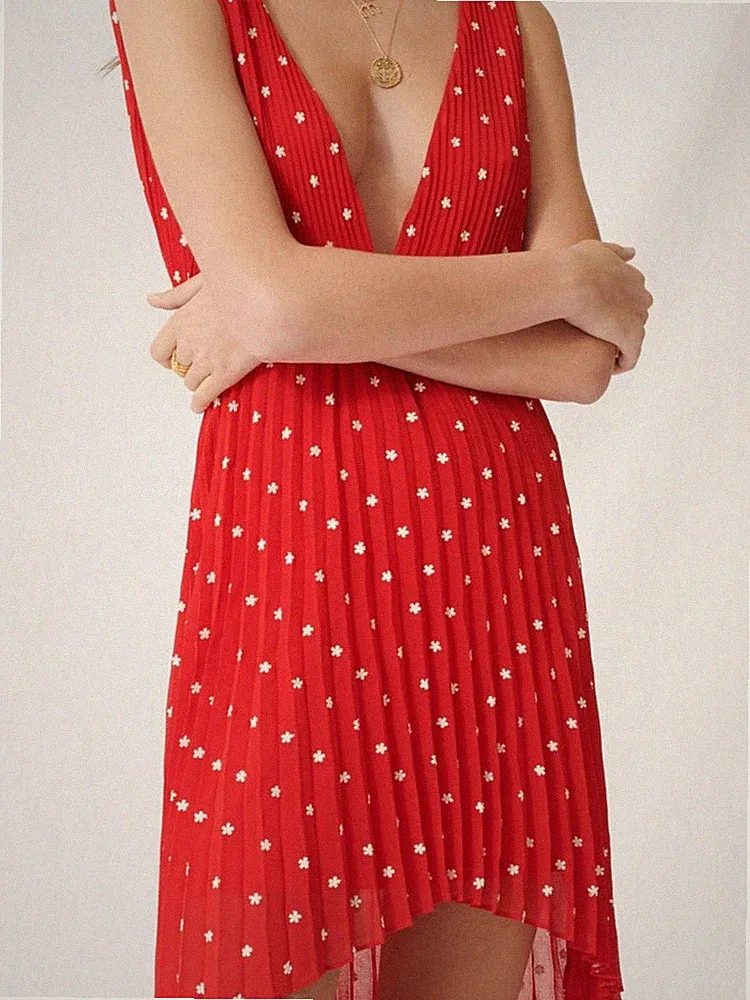 Maje Kleid Rot Gr. 38 FR / M Damen Plissee Bestickt Cocktailkleid MFPRO01140