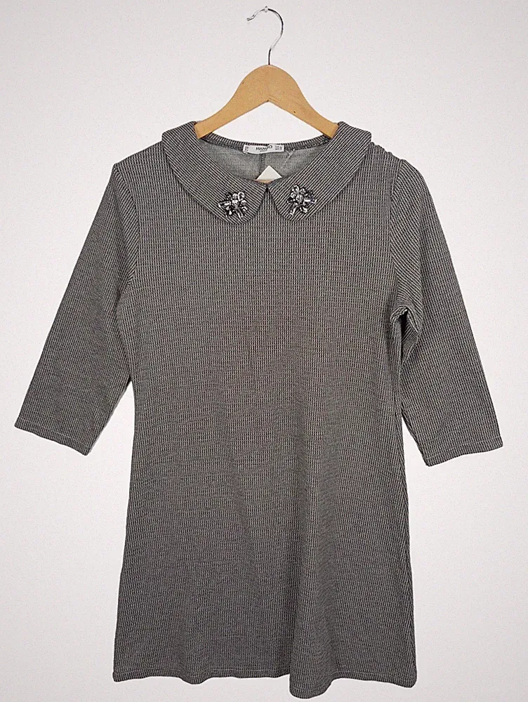 MANGO A-Linien Kleid Damen 40/L Grau Grafisch Festlich 3/4-Arm Midikleid