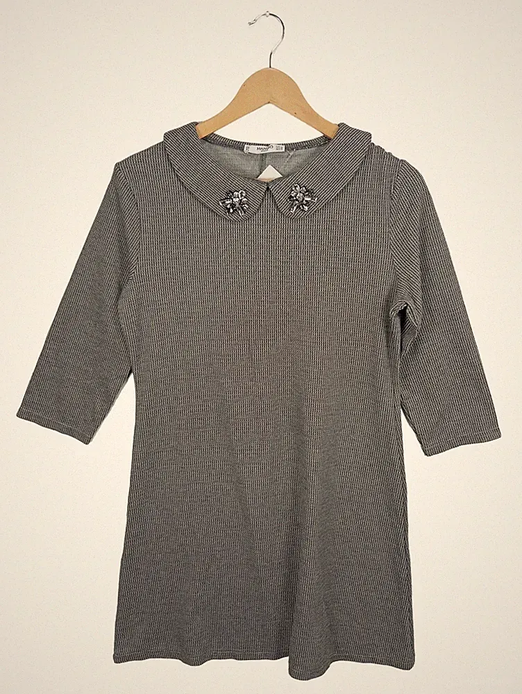 MANGO A-Linien Kleid Damen 40/L Grau Grafisch Festlich 3/4-Arm Midikleid