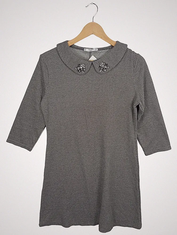 MANGO A-Linien Kleid Damen 40/L Grau Grafisch Festlich 3/4-Arm Midikleid