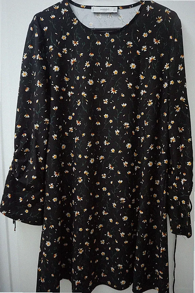Mango Boho Kleid Lagenlook Tunika Volant Schwarz Blumen Motiv Gr M gut erhalten