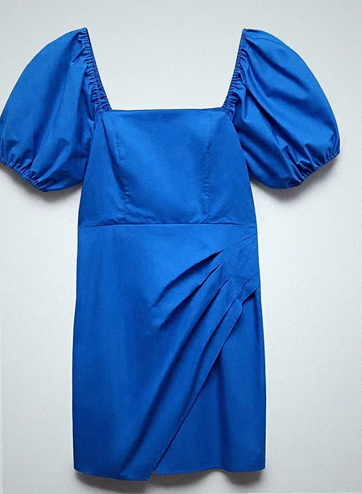 Mango Damen Etuikleid Blau XS Kurz Popeline Puffärmel eckiger Ausschnitt