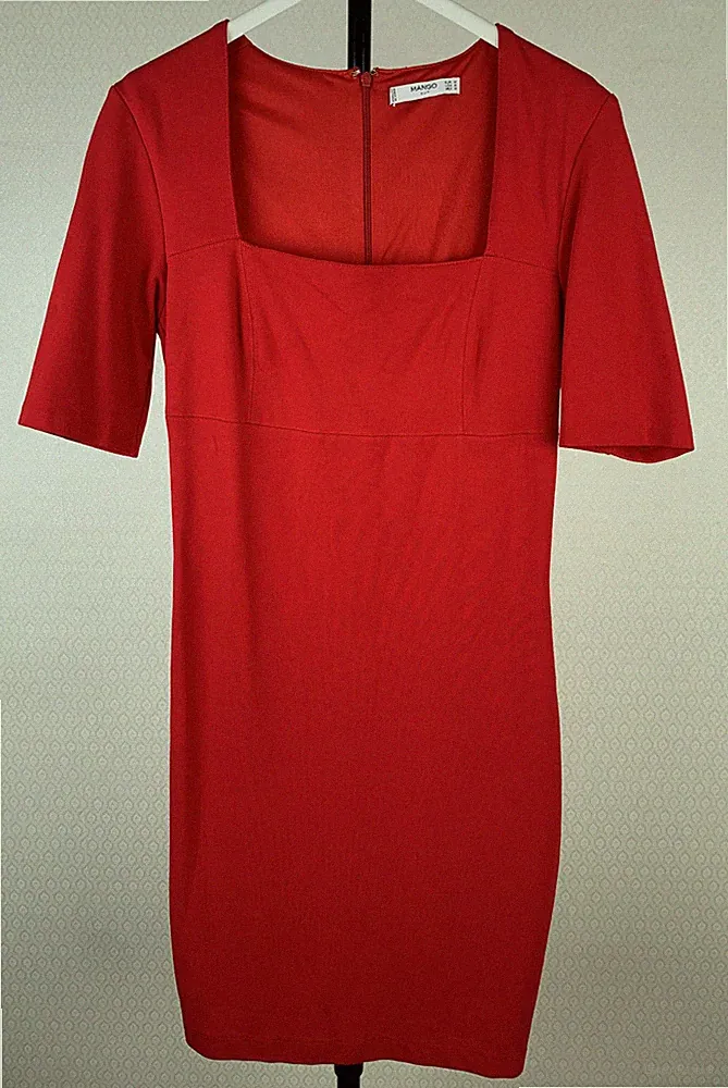 MANGO Damen Gr. M 38 Kleid Stretch Jersey rot Etuikleid 1/2 Ärmel Dress 8J8