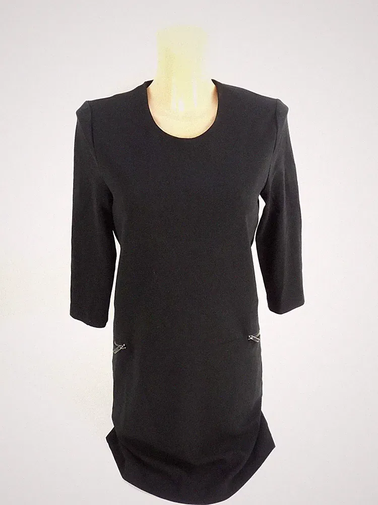 Mango Damen Kleid Etuikleid Gr. S schwarz knielang 3/4 Arme Rundhals RV (18935)