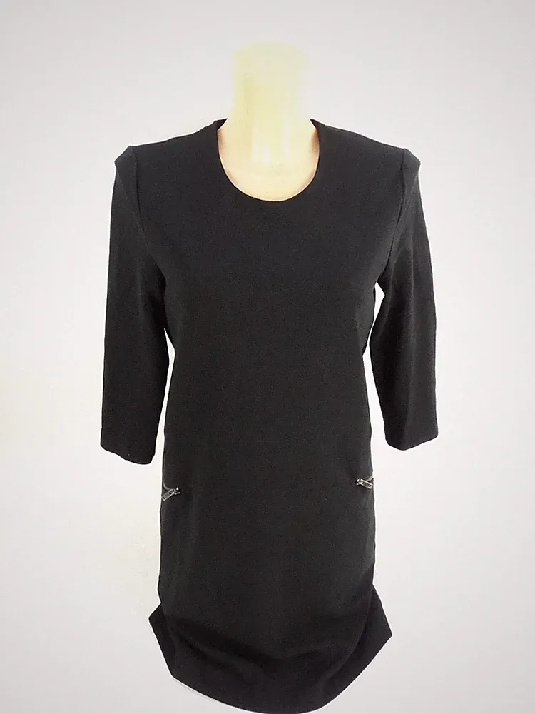 Mango Damen Kleid Etuikleid Gr. S schwarz knielang 3/4 Arme Rundhals RV (18935)