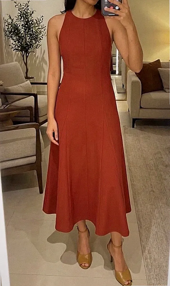 Mango Damen Midi A-Linien-Kleid S ärmellos Rundhals rotbraun Reißverschluss