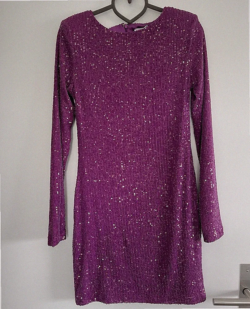 Mango Damen Pailletten-Etuikleid Lila kurz Langarm Rundhals Gr. XS RV