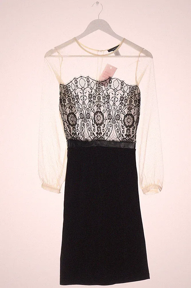 MANGO Etuikleid Damen Kleid Gr. DE 36 schwarz-wollweiß Elegant