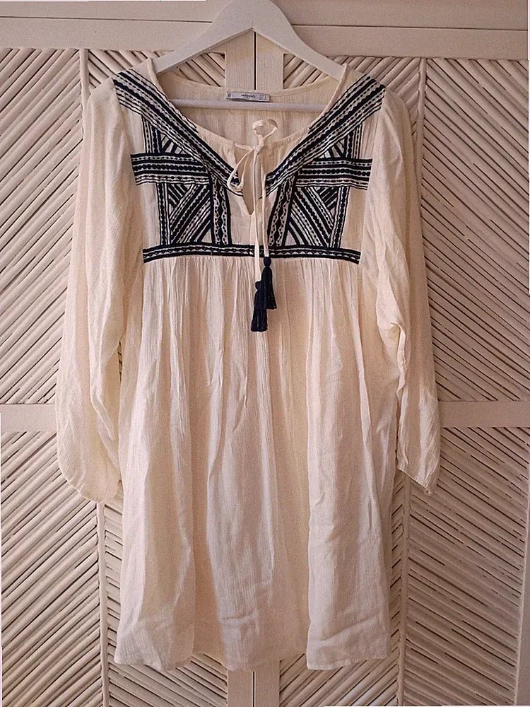 Mango Kleid Strandkleid Tunikakleid Ethno Boho Creme Weiß Strickerei Blau S Top!