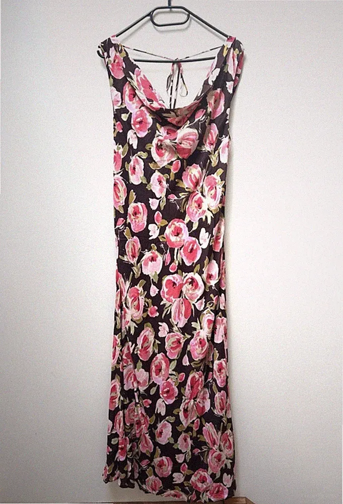 Mango langes Kleid Gr. Large geblümt Schrägschnitt Wasserfallausschnitt Hochzeit Gast Kreuzfahrt
