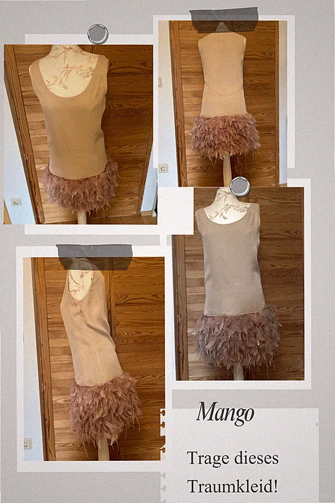Mango Moments Gr. 36 S/ M nude Kleid Rarität mit Federn SATC Partydress