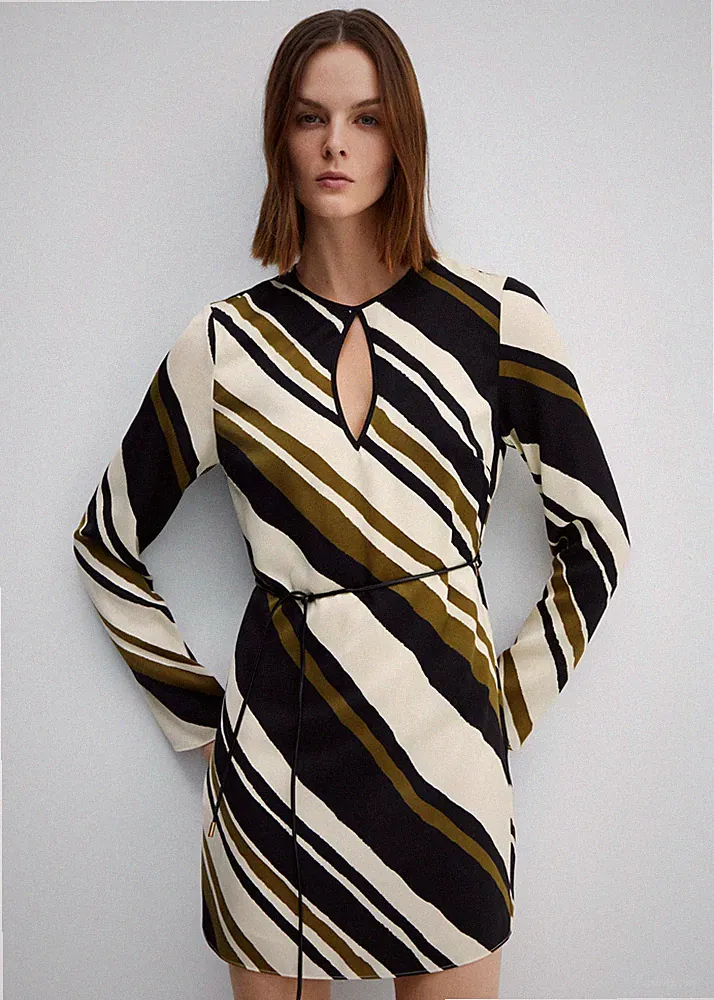 Mango- Neu - Langarmkleid mit CO Ausschnitt und Gürtel | Größe: M | Farbe: Multi